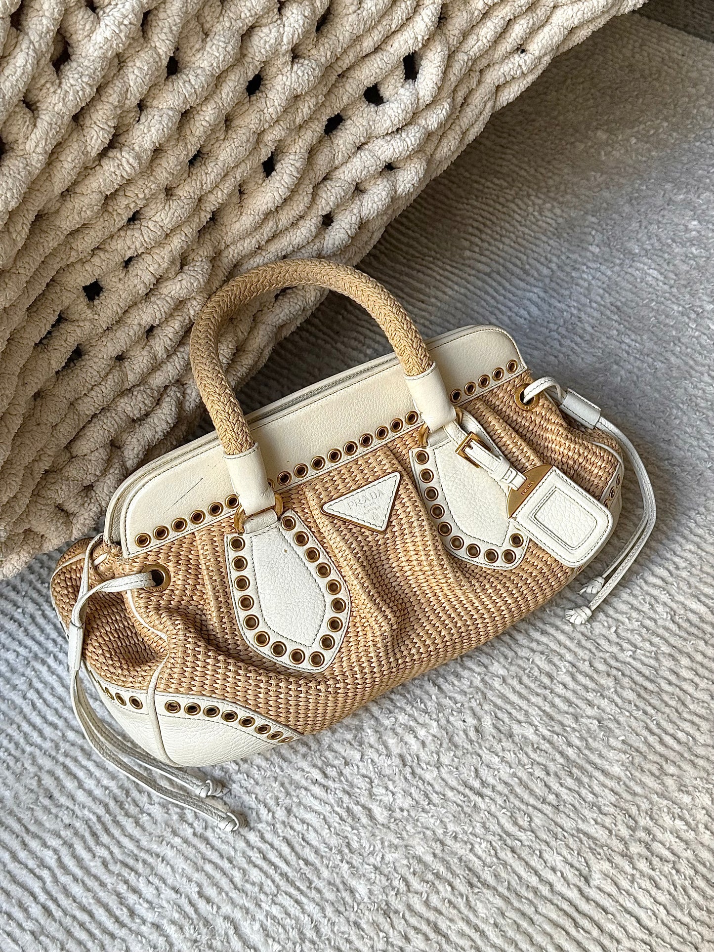 Prada Raffia Gold Eyelet Rope Handle Bag