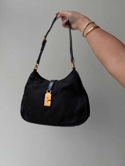 RARE Prada Black Gold Reversible Lock Shoulder Bag