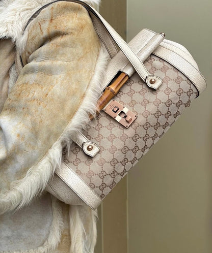 Gucci White Monogram Rose Gold Bamboo Bullet Bag
