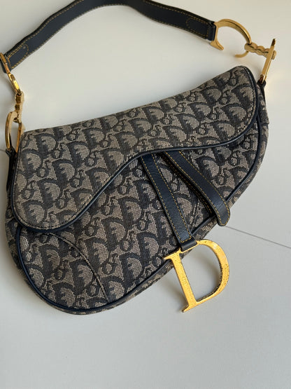 Christian Dior Navy Monogram Gold Saddle Bag