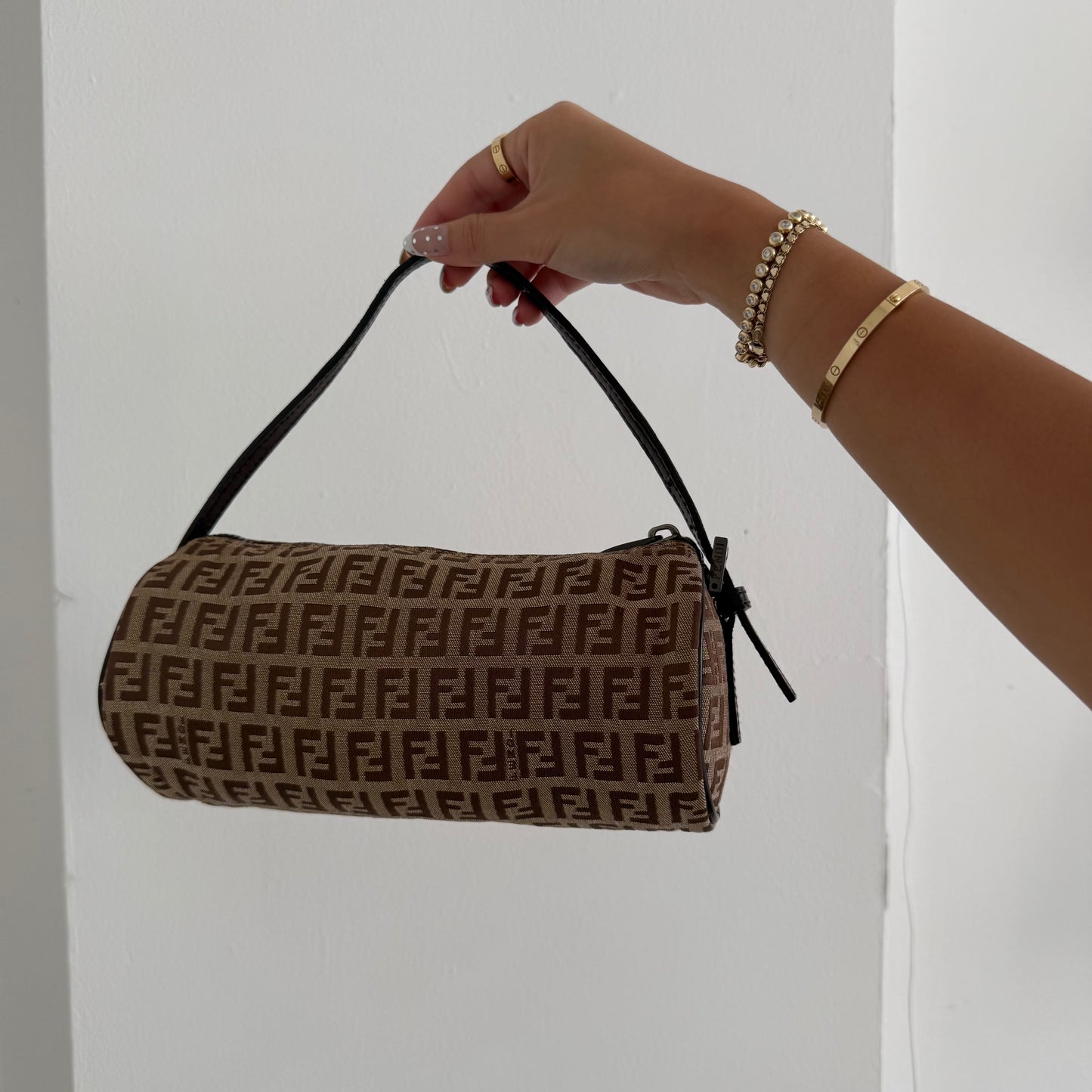 Fendi Brown Zucchino Monogram Mini Barrel Bag