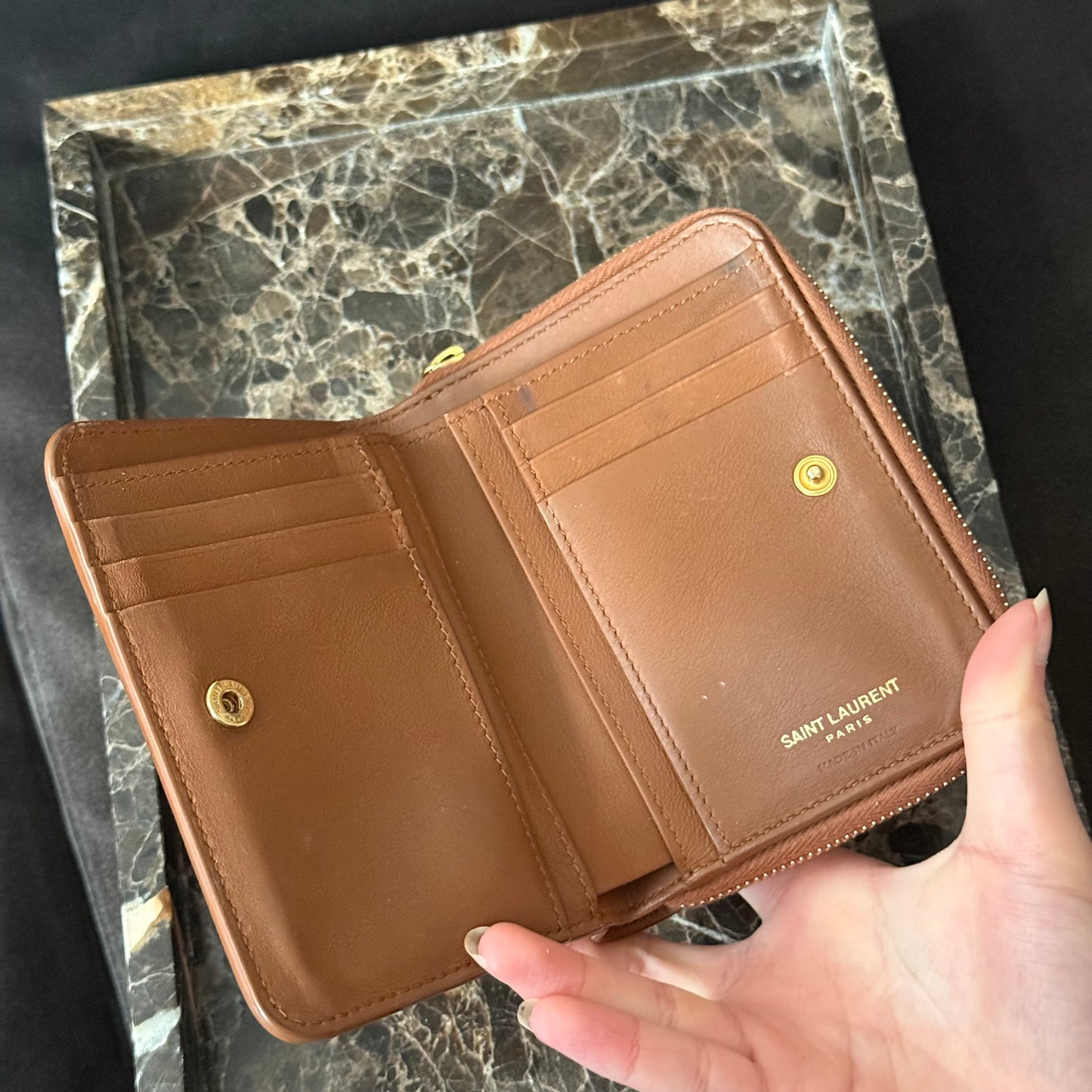 YSL Cognac Brown and Gold Logo Wallet