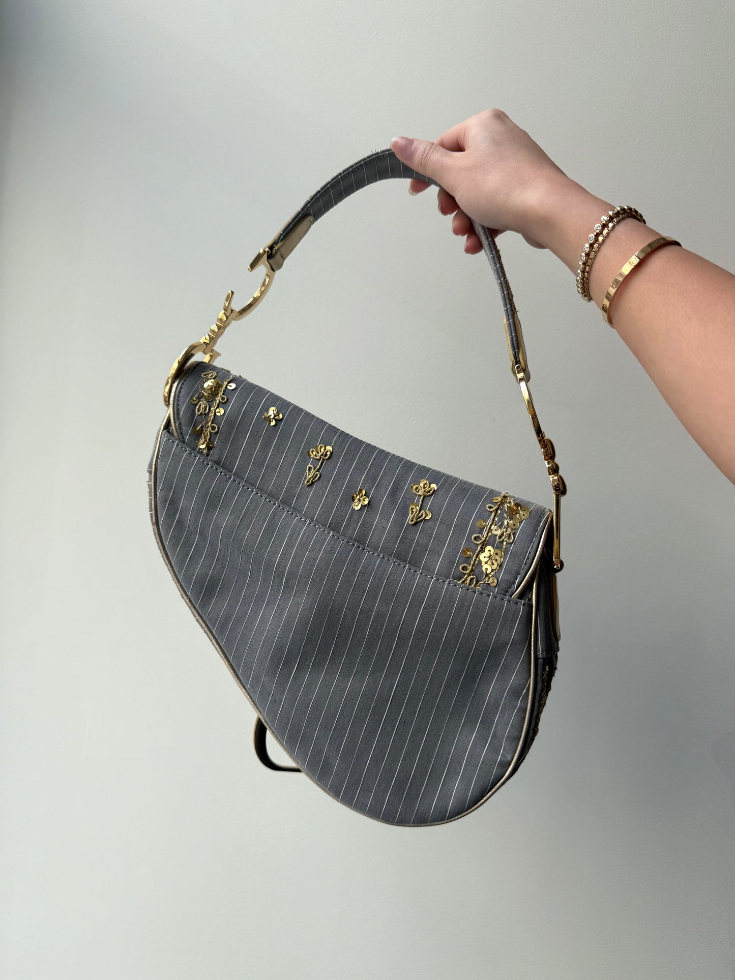 RARE Christian Dior Pinstripe Sequin Floral Saddle Bag