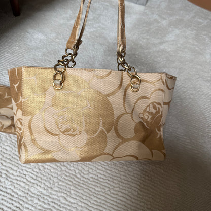 Chanel 2008 Gold Camellia Raffia Tote w/ Zip Pouch & Phone Pouch