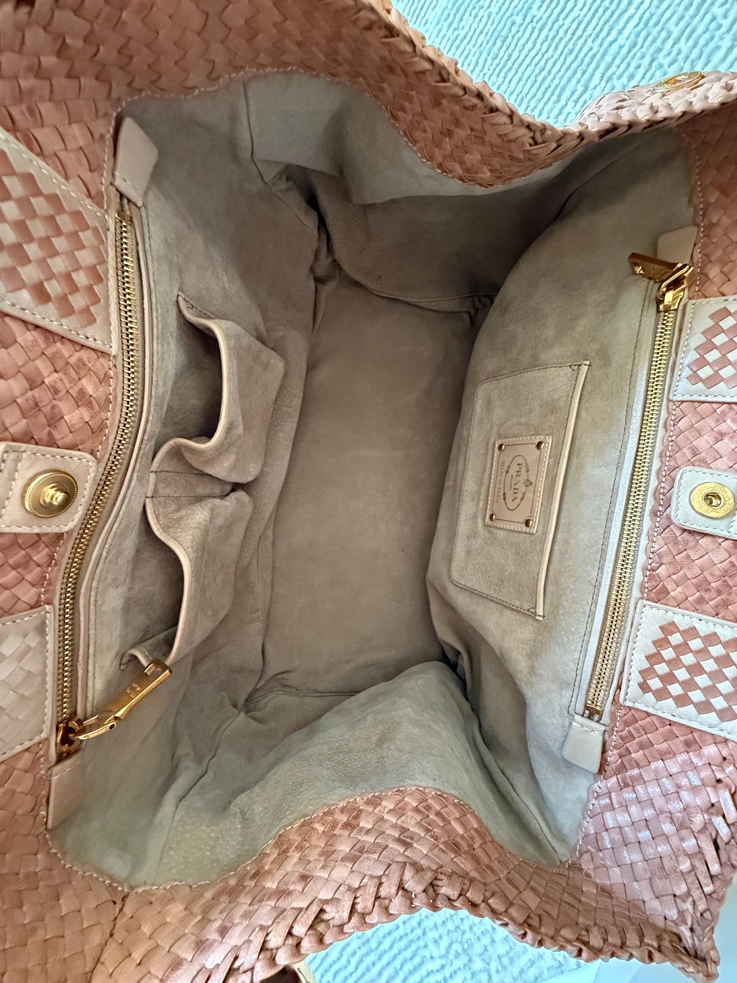 RARE Prada Madras Leather Woven Canapa Tote
