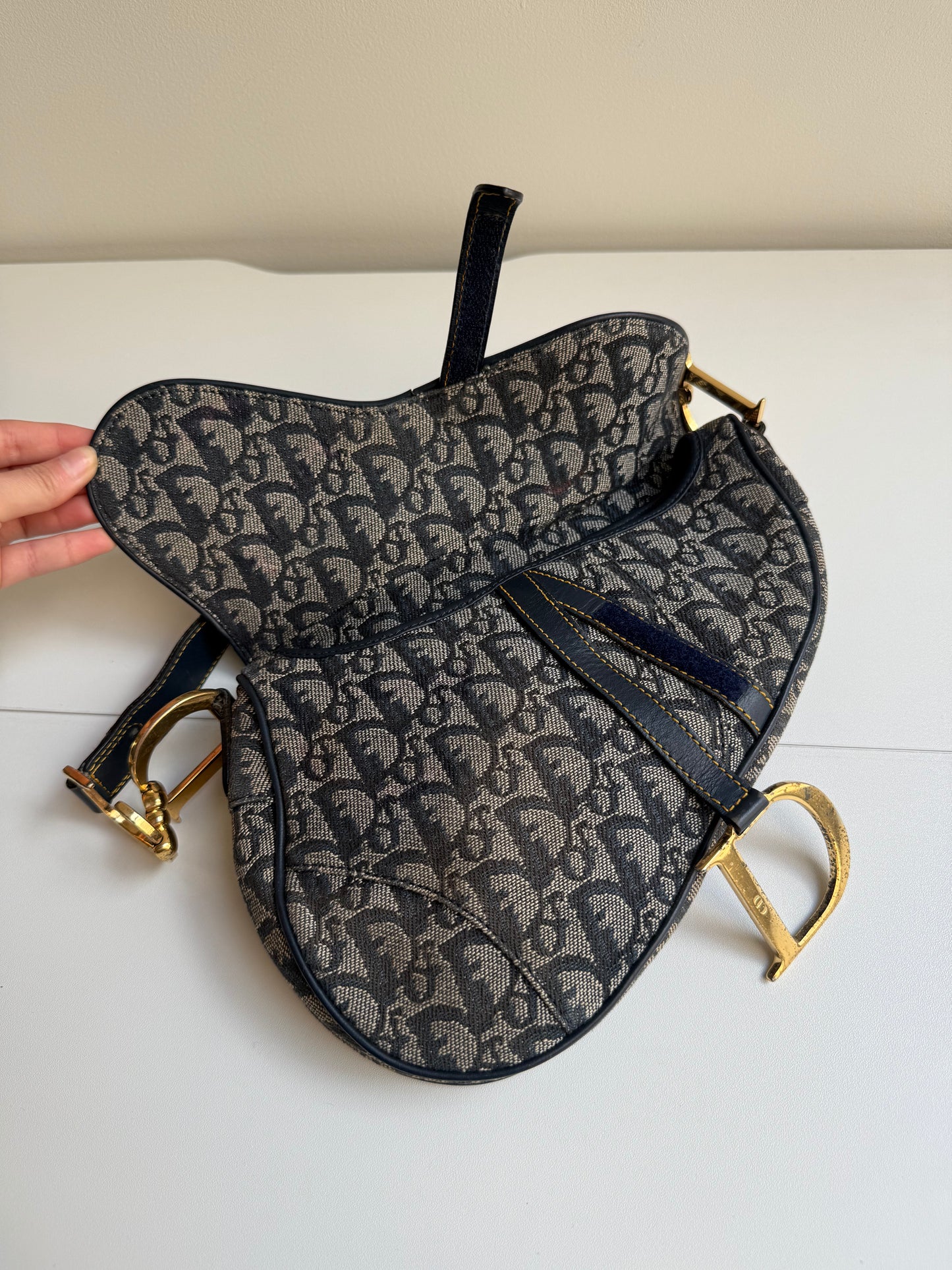 Christian Dior Navy Monogram Gold Saddle Bag