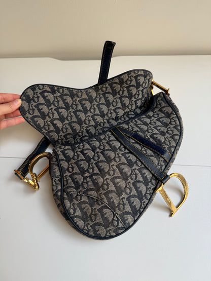 Christian Dior Navy Monogram Gold Saddle Bag