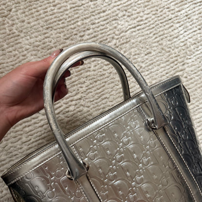 RARE Christian Dior Silver Metallic Patent Leather Monogram Bucket Tote