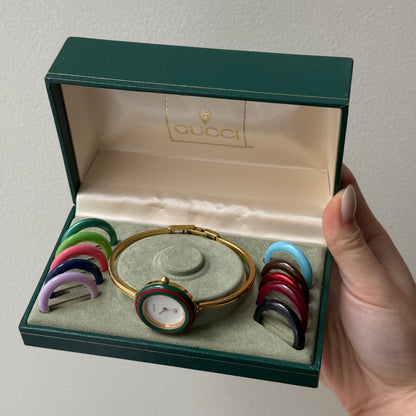 Gucci Gold Bangle Bezel Watch w/ 11 interchangeable Bezels & Box