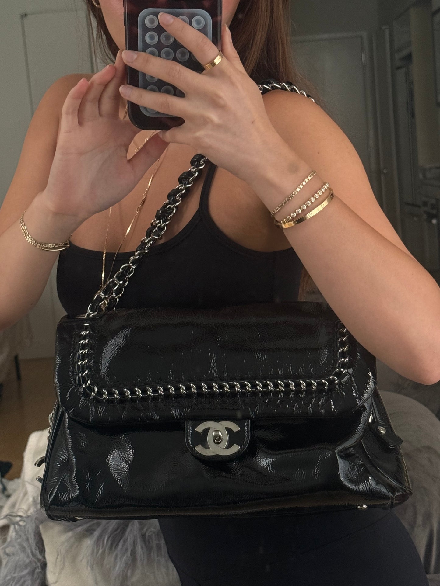 RARE NEW Chanel Black Patent Leather Luxe Ligne Flap Bag