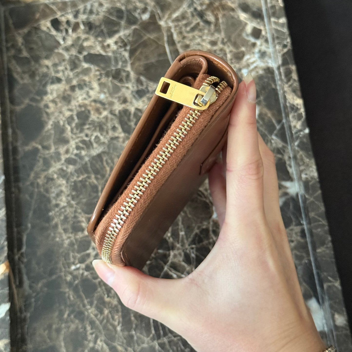YSL Cognac Brown and Gold Logo Wallet