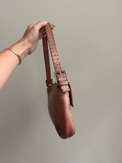 Fendi Rose Pink Metallic Leather Selleria Baguette