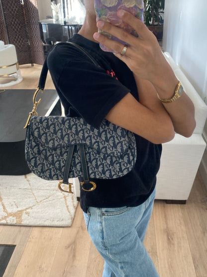Christian Dior Navy Monogram Gold Double Saddle Shoulder Bag