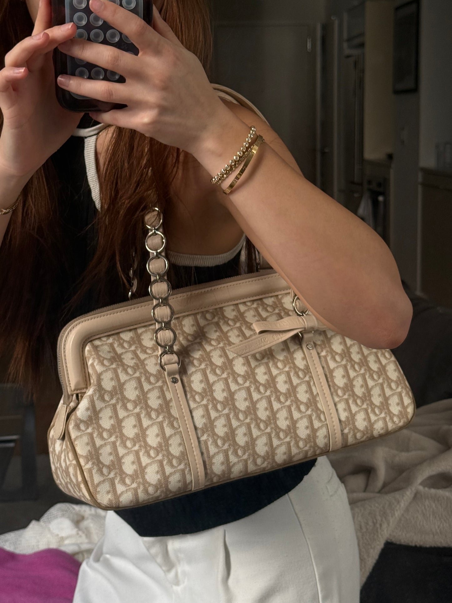 Christian Dior Romantique Cream Monogram Bow Shoulder Tote