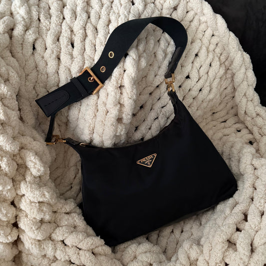 RARE Prada Back Gold Nylon Leather Buckle Shoulder Bag