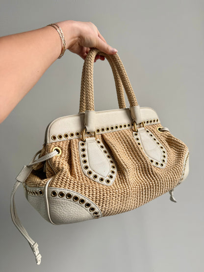 Prada Raffia Gold Eyelet Rope Handle Bag