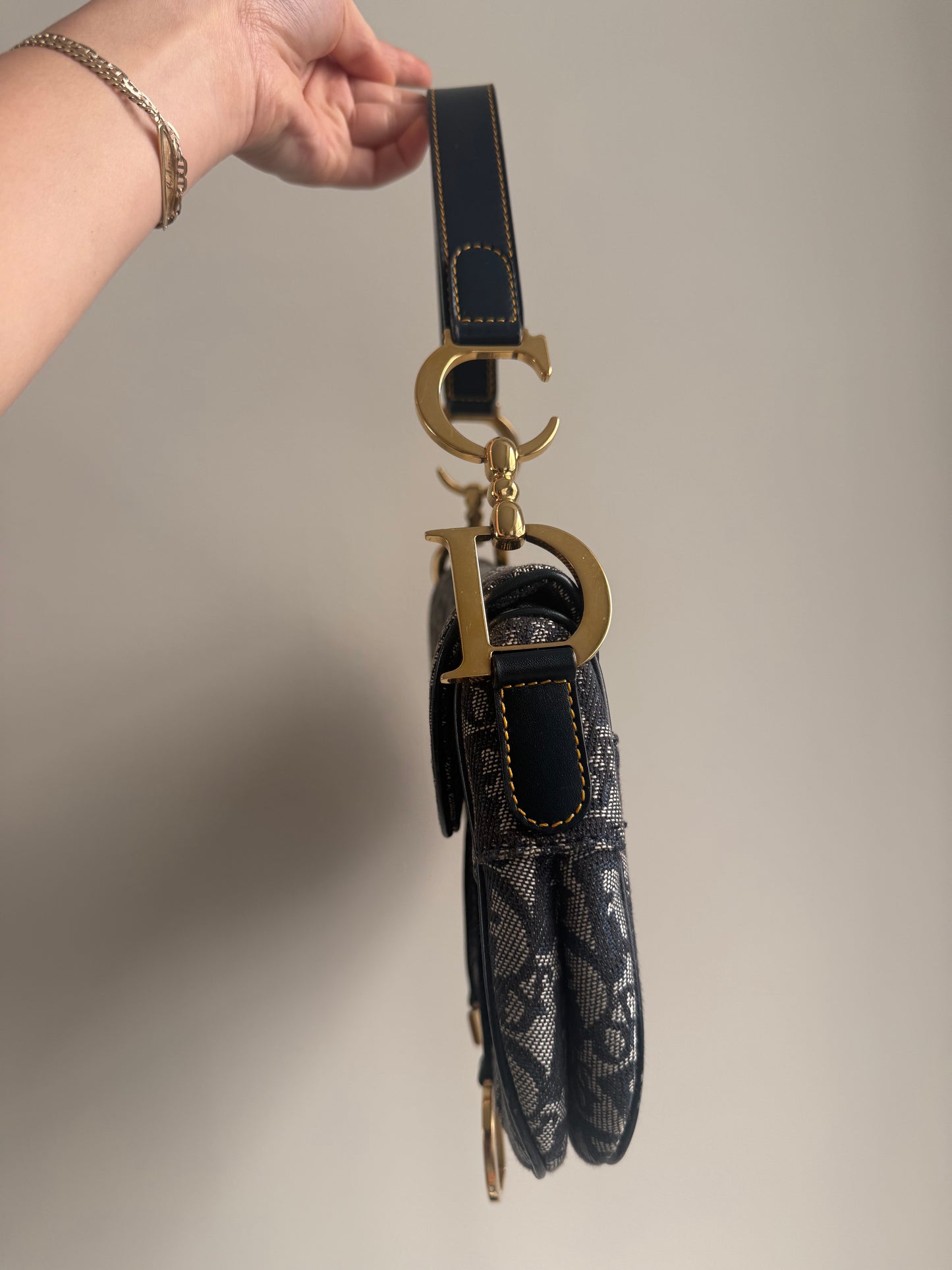 Christian Dior Navy Monogram Gold Double Saddle Shoulder Bag