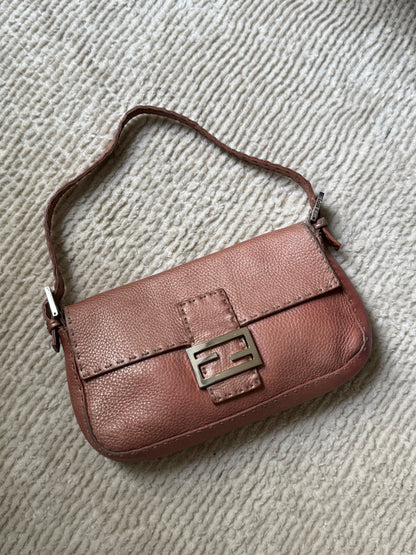 Fendi Rose Pink Metallic Leather Selleria Baguette