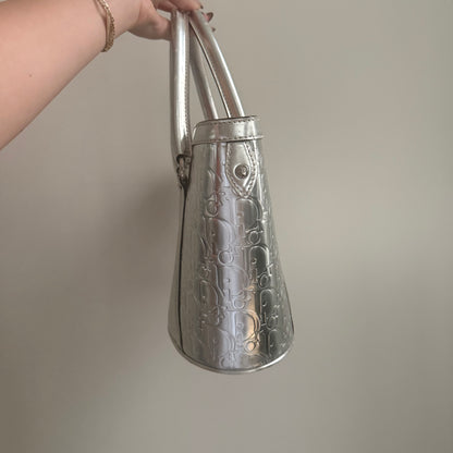RARE Christian Dior Silver Metallic Patent Leather Monogram Bucket Tote