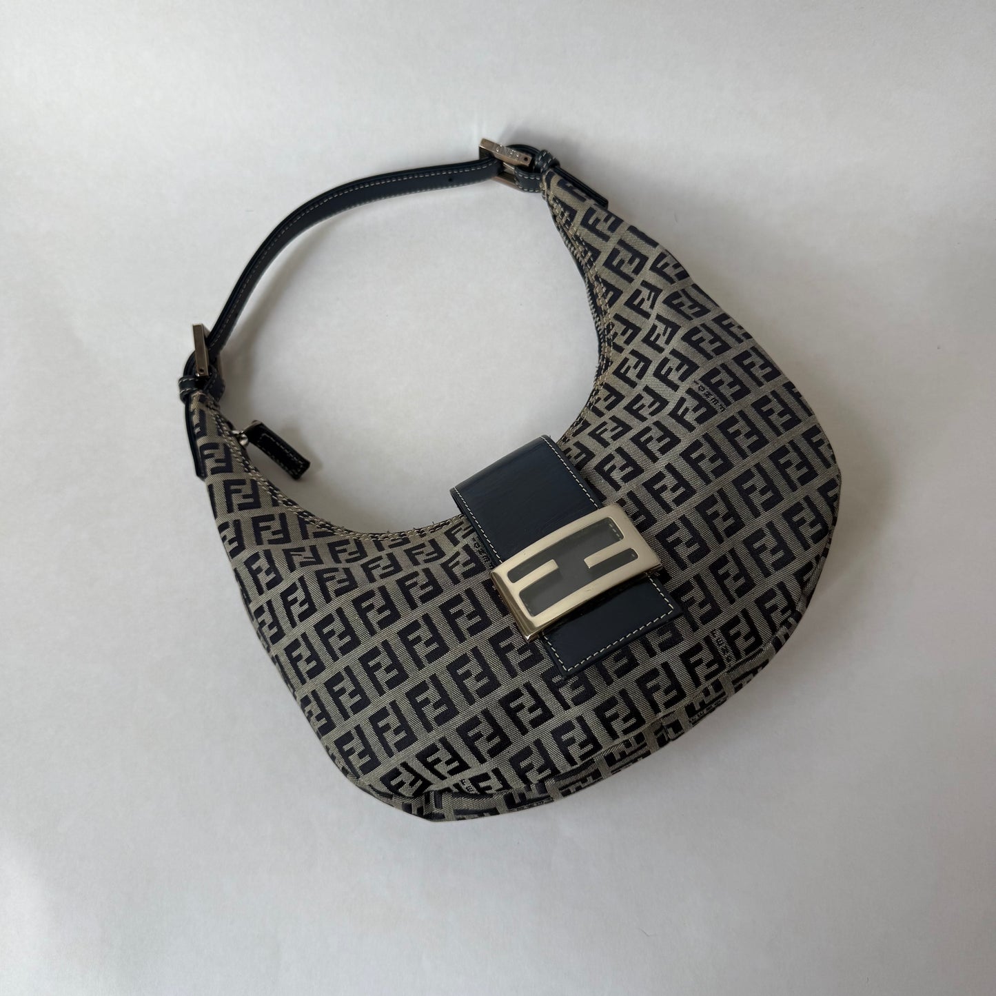 RARE Fendi Navy Zucchino Monogram Croissant Half Moon Shoulder Bag