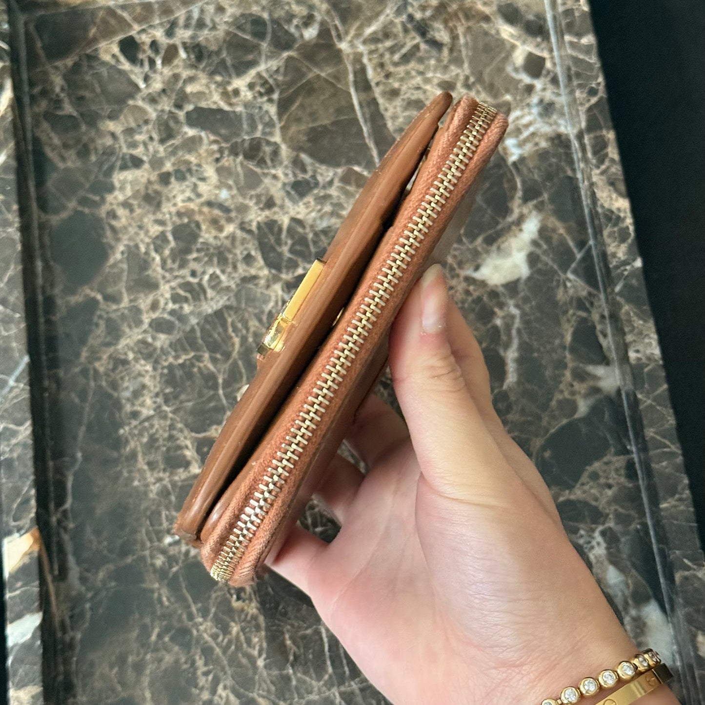 YSL Cognac Brown and Gold Logo Wallet