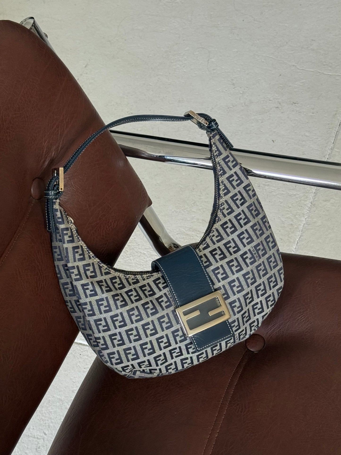 RARE Fendi Navy Zucchino Monogram Croissant Half Moon Shoulder Bag