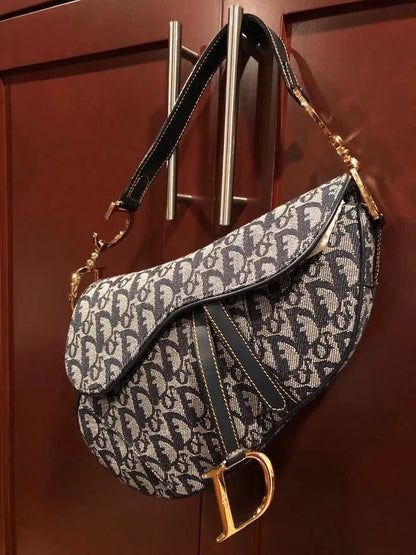 Christian Dior Navy Monogram Gold Saddle Bag
