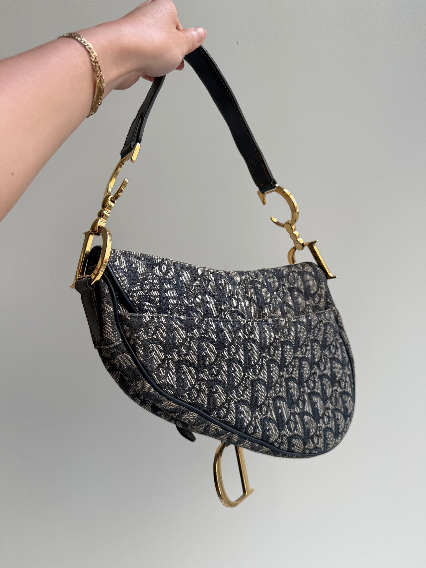 Christian Dior Navy Monogram Gold Saddle Bag