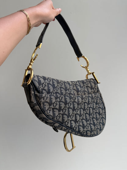 Christian Dior Navy Monogram Gold Saddle Bag