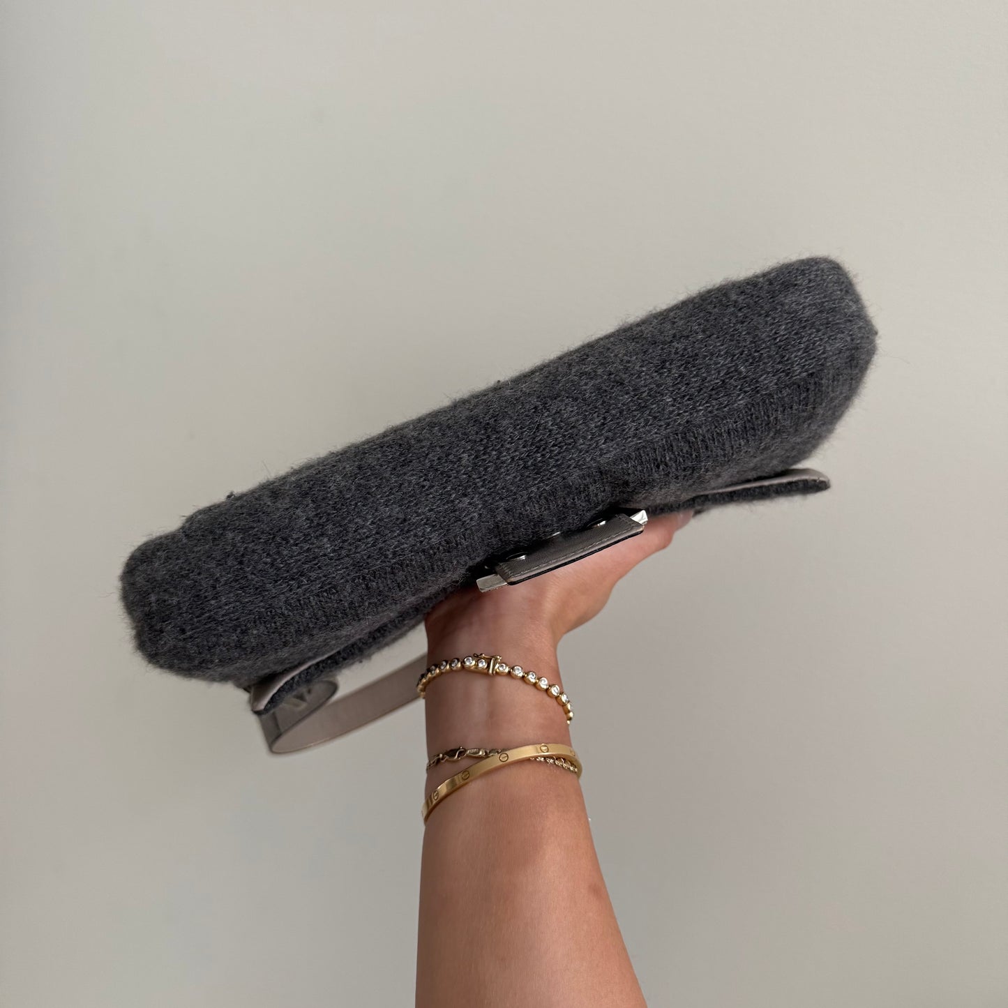 RARE Fendi Gray Cashmere Wool  Lizard Trim Rhinestone Baguette