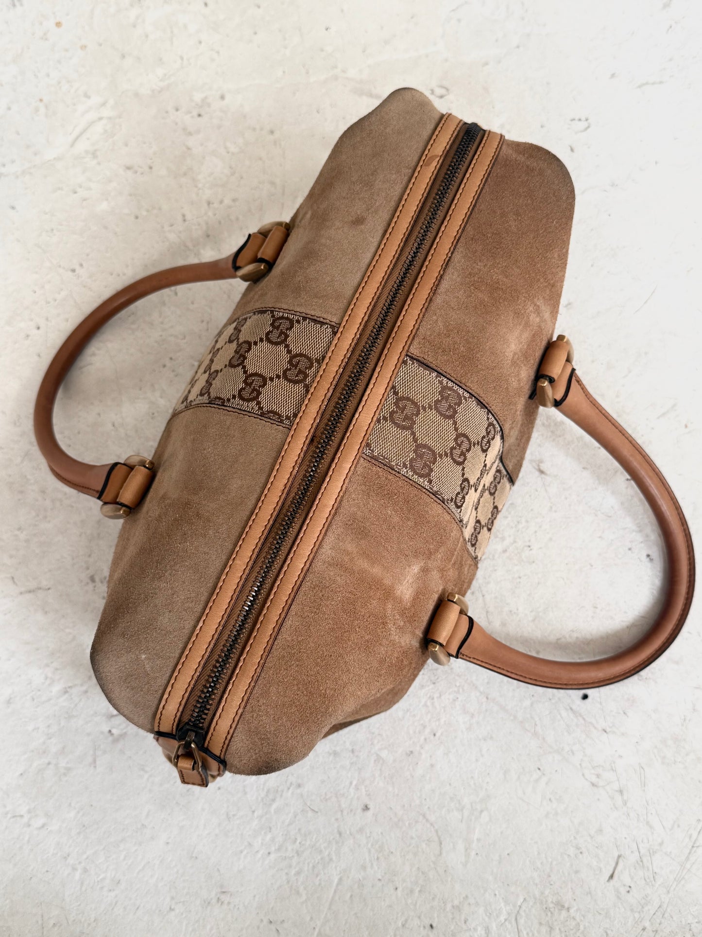 Gucci Brown Suede GG Bowler Bag