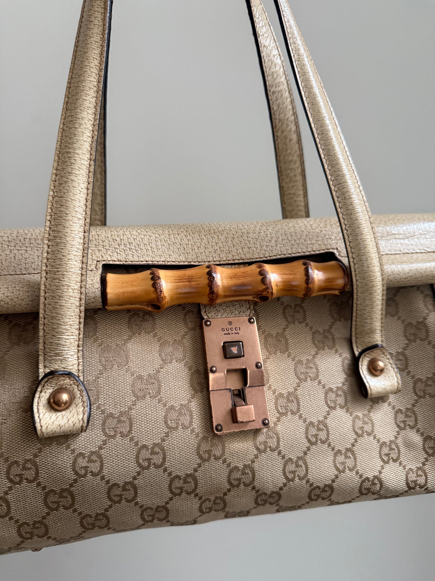 Gucci White Monogram Rose Gold Bamboo Bullet Bag