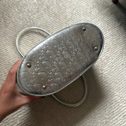 RARE Christian Dior Silver Metallic Patent Leather Monogram Bucket Tote