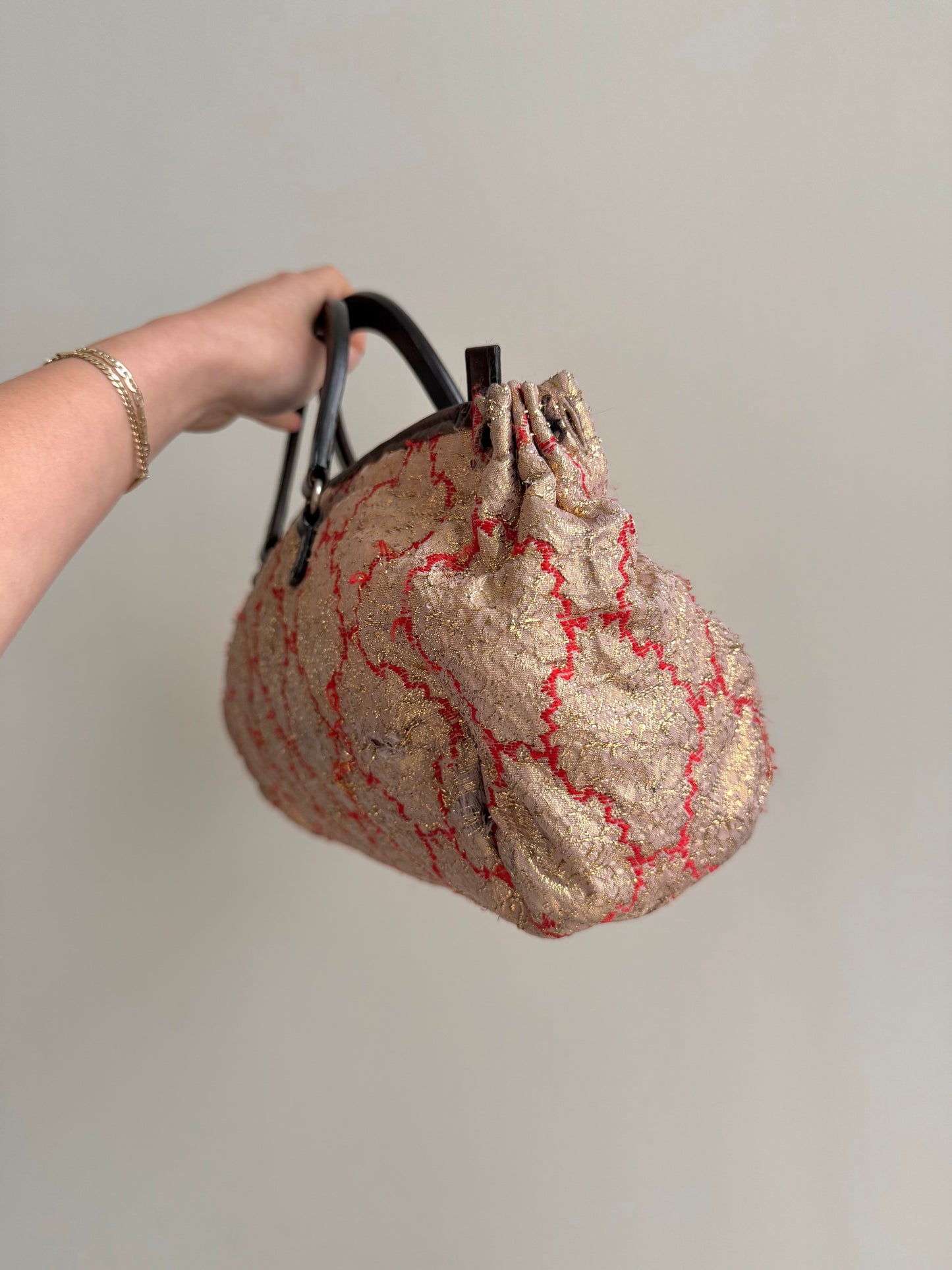 RARE Prada Metallic East West Baroque Woven Top Handle Bag