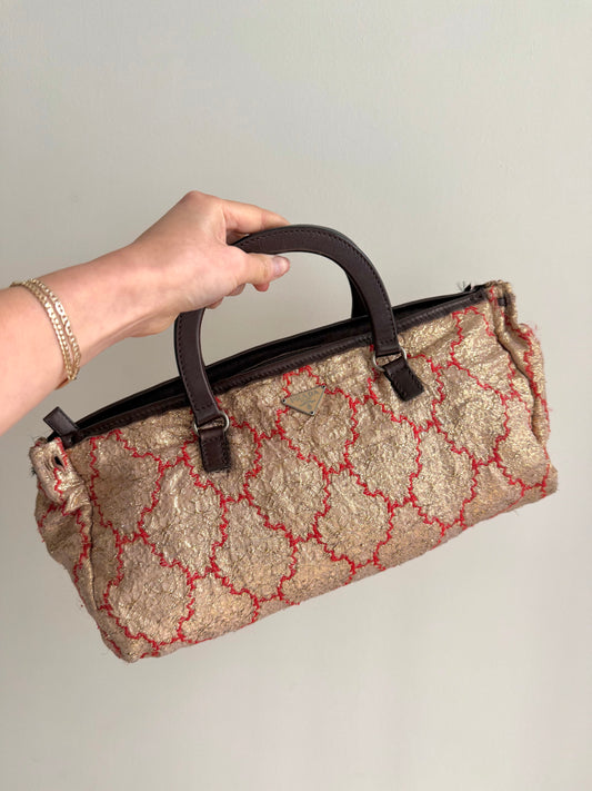 RARE Prada Metallic East West Baroque Woven Top Handle Bag