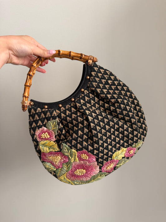 RARE Limited Edition Gucci Tom Ford Raffia Flower Bamboo Top Handle Bag w/ Lizard Trim
