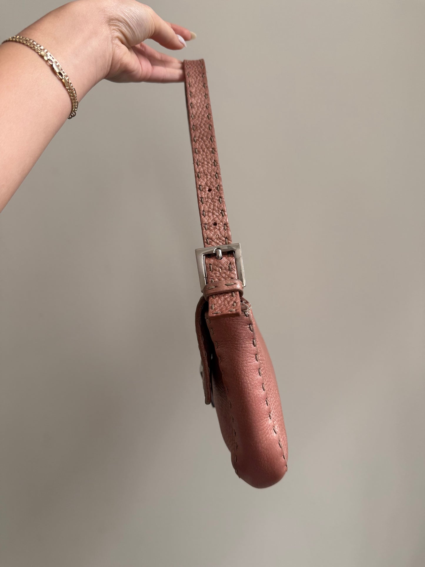 Fendi Rose Pink Metallic Leather Selleria Baguette