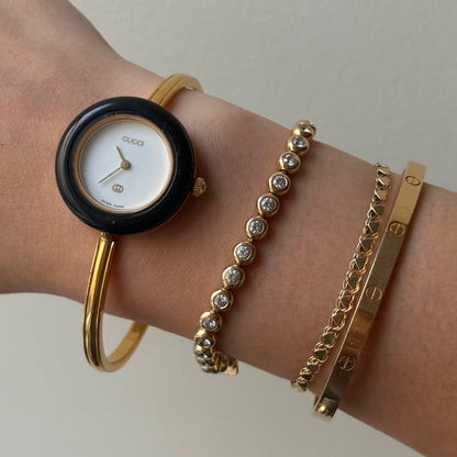 Gucci Gold Bangle Bezel Watch w/ 11 interchangeable Bezels & Box