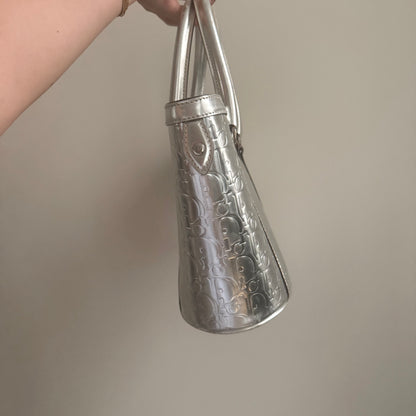 RARE Christian Dior Silver Metallic Patent Leather Monogram Bucket Tote