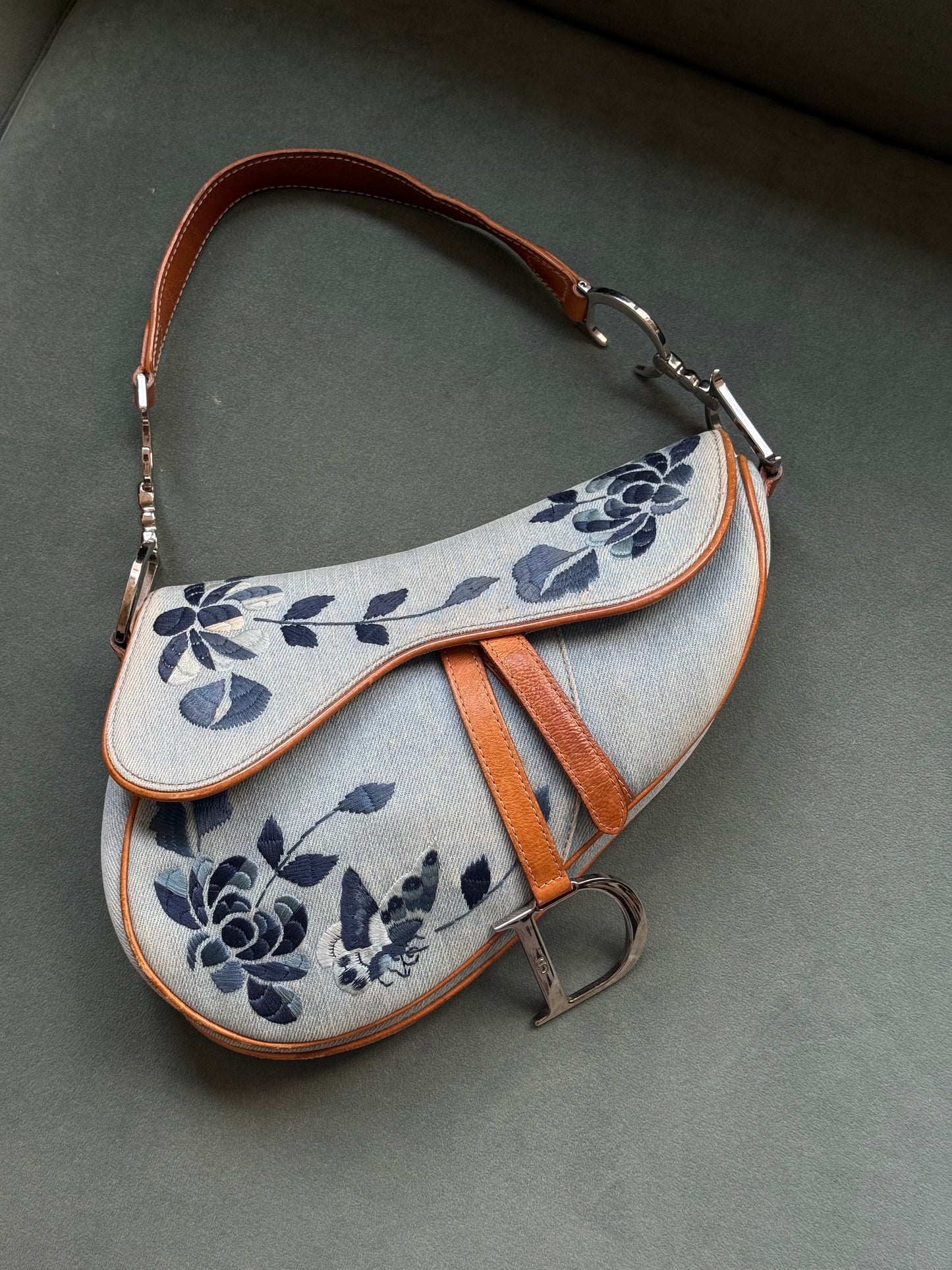 RARE Christian Dior 2005 Denim Embroidered Floral Saddle Bag