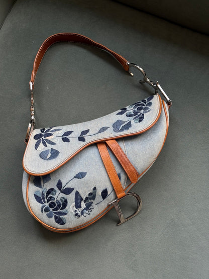 RARE Christian Dior 2005 Denim Embroidered Floral Saddle Bag
