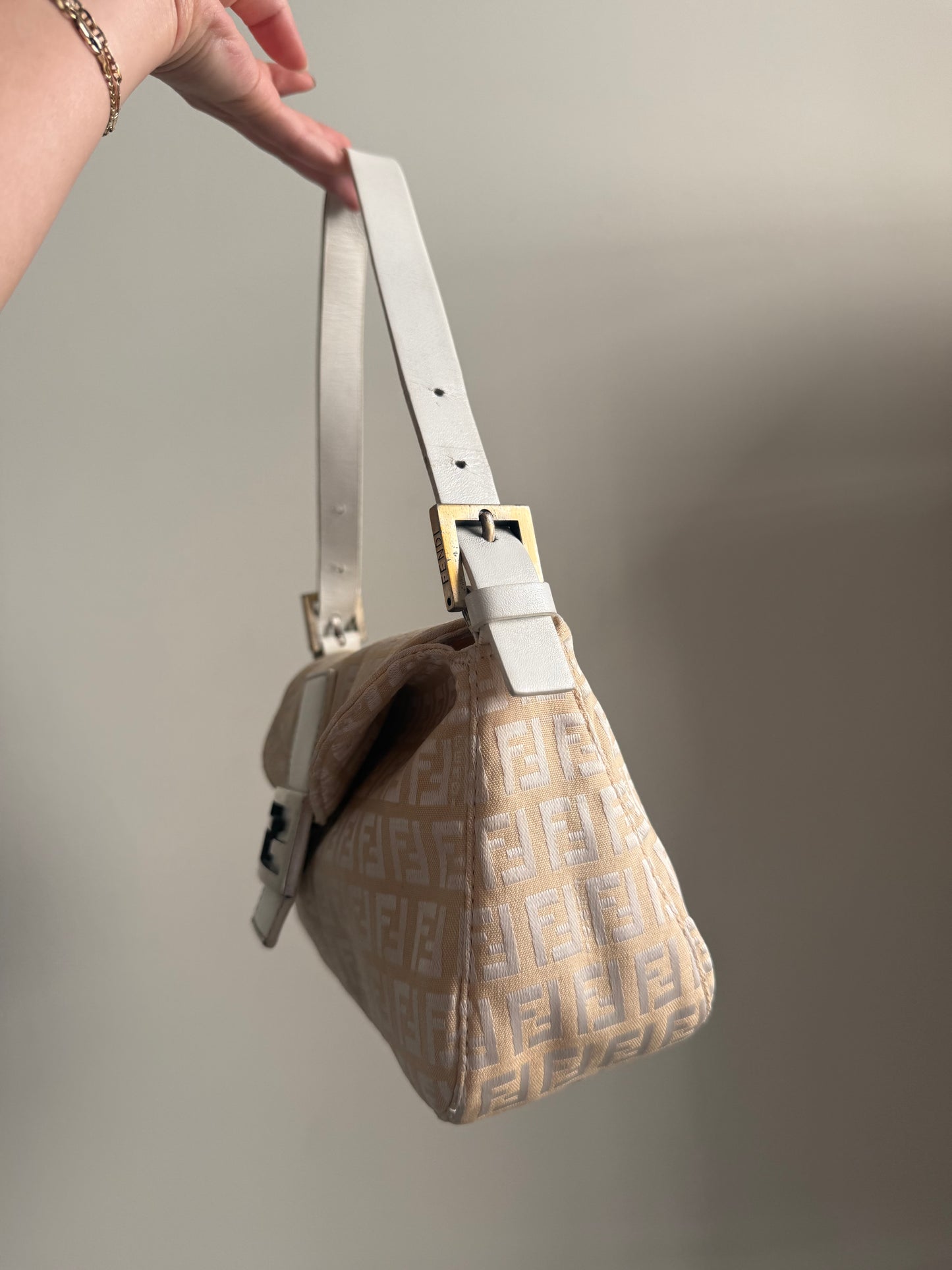 Fendi White Zucchino Double Flap Baguette Bag