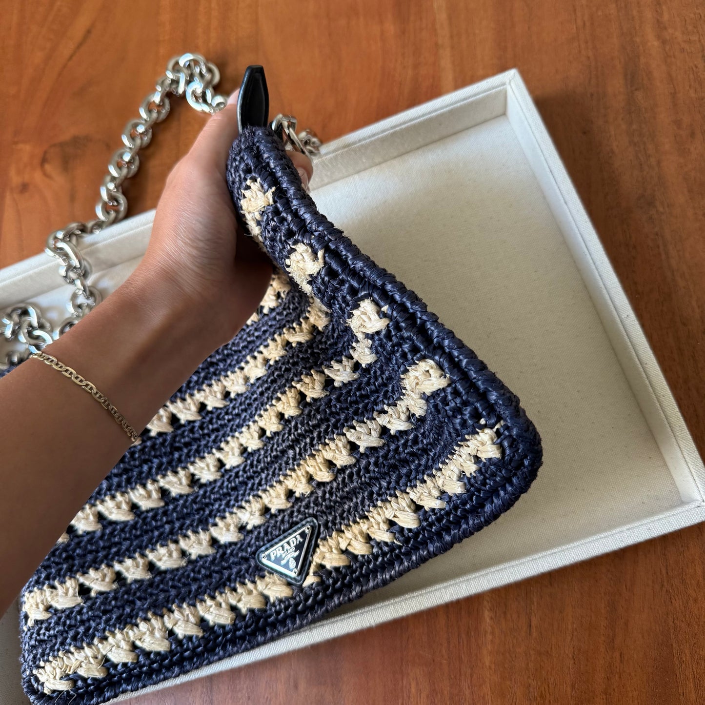 Prada RARE Blue Striped Raffia Shoulder Bag