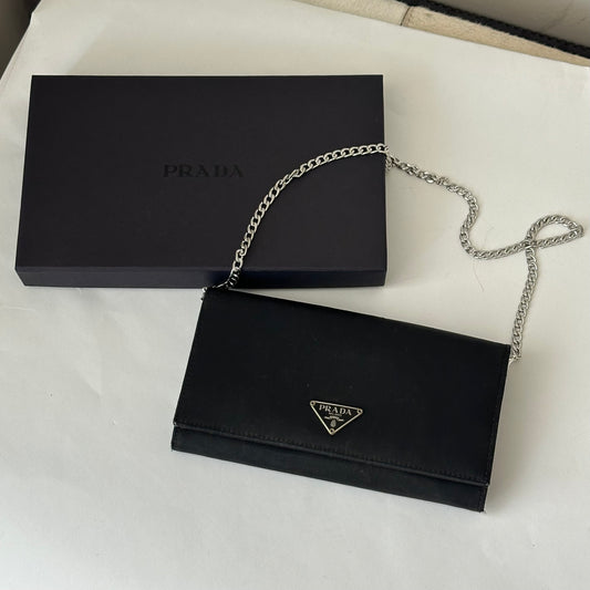 Prada Black Nylon Wallet On Chain w/ Box