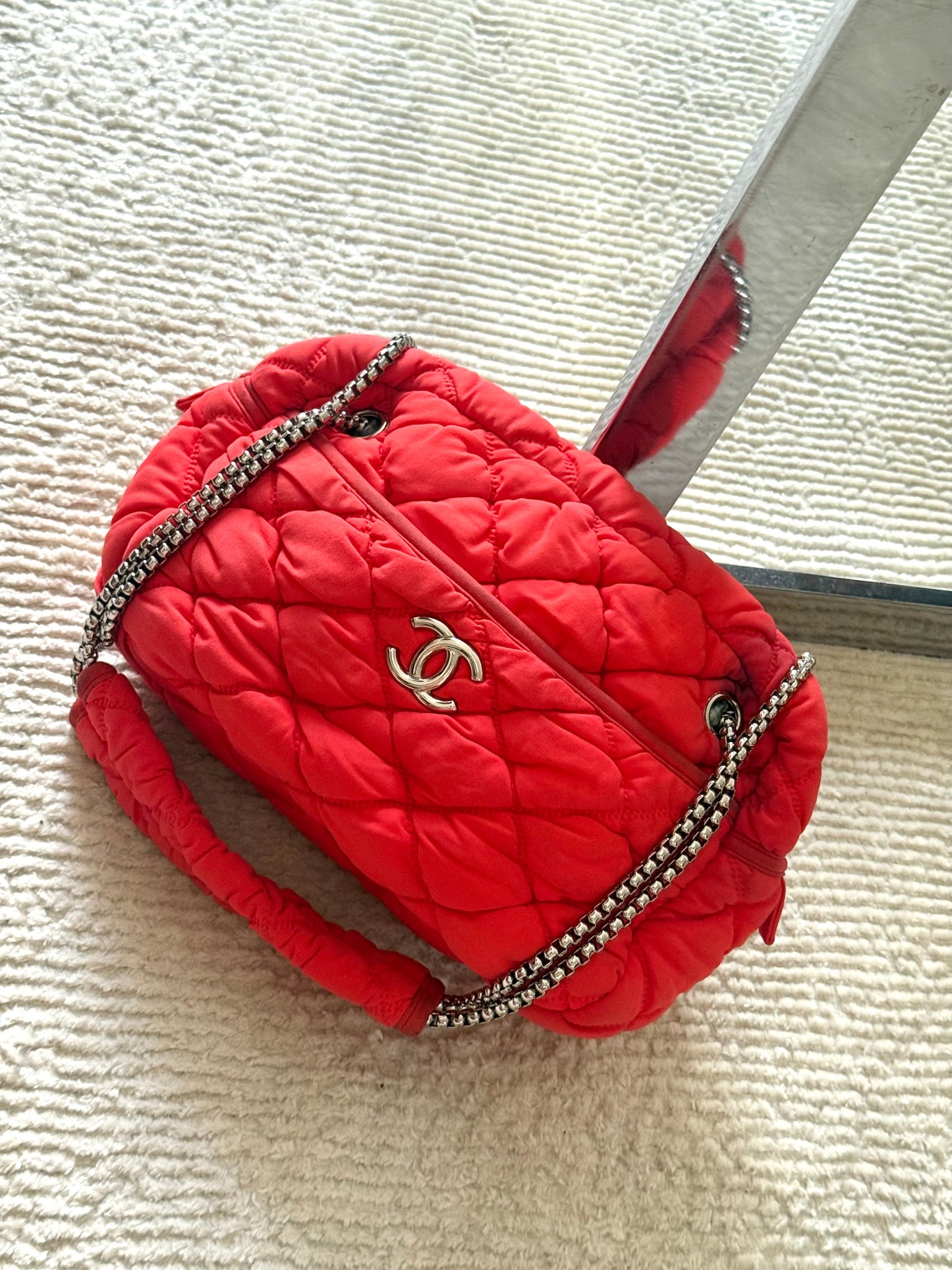 Chanel Orange Nylon Bubble Quilted Shoulder Bag
