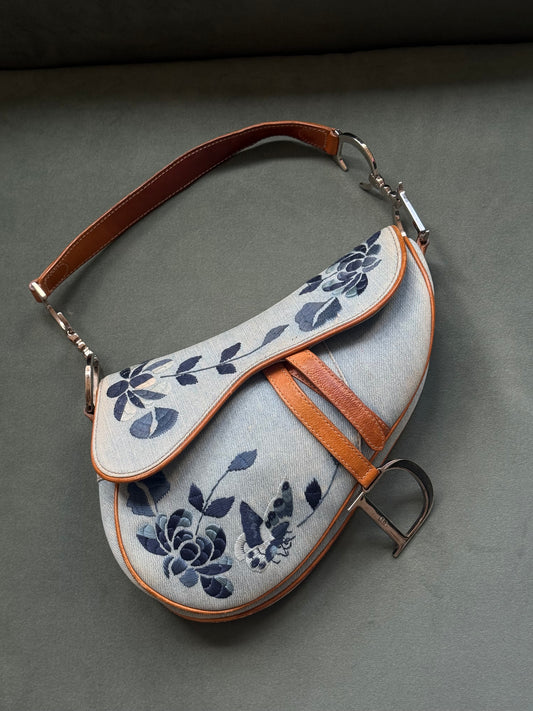 RARE Christian Dior 2005 Denim Embroidered Floral Saddle Bag
