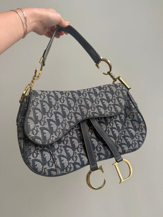 Christian Dior Navy Monogram Gold Double Saddle Shoulder Bag