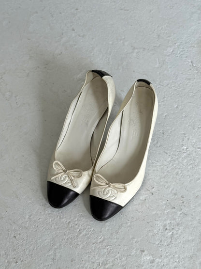 Chanel White and Black Leather CC Ballerina Heels
