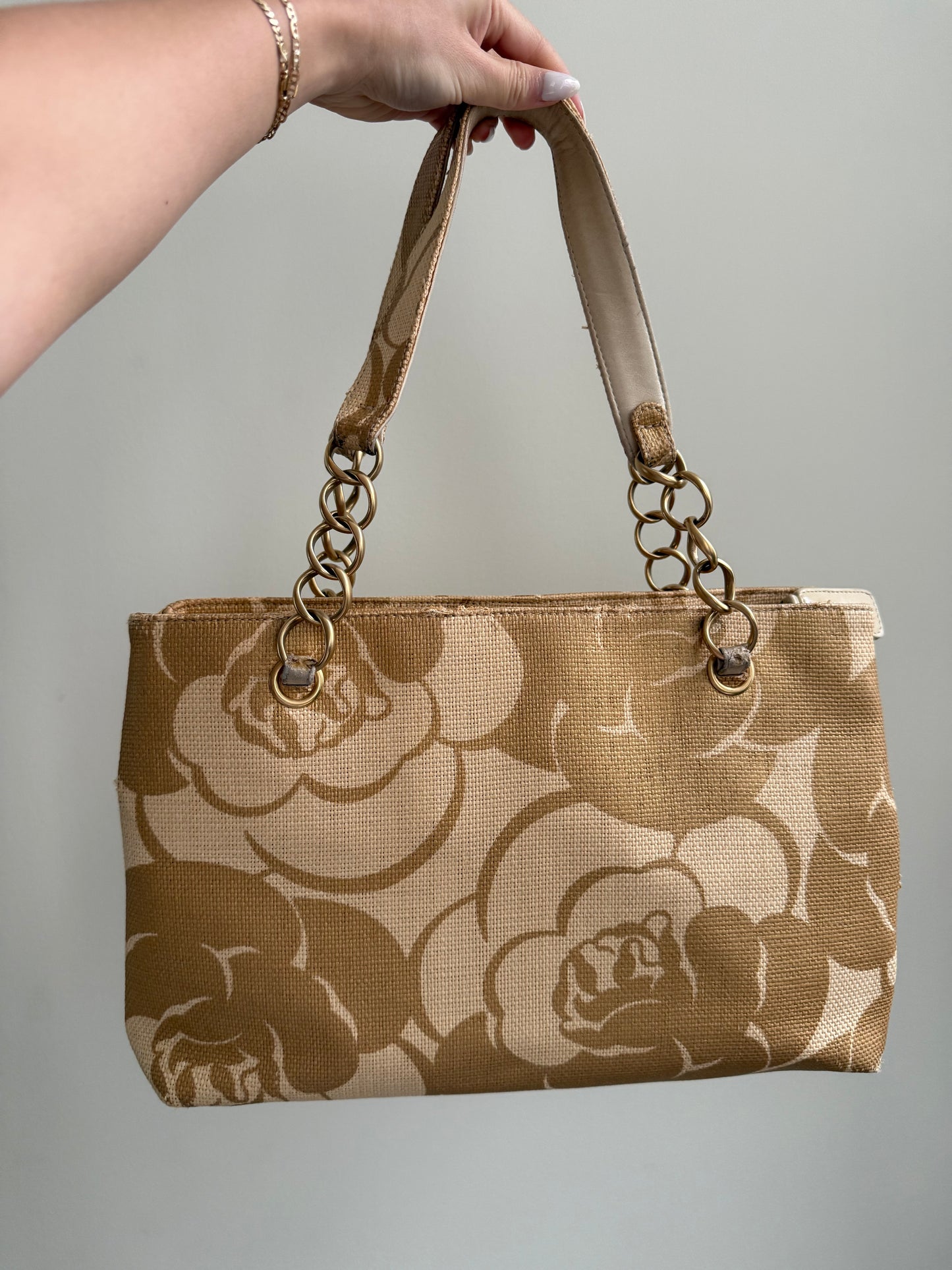 Chanel 2008 Gold Camellia Raffia Tote