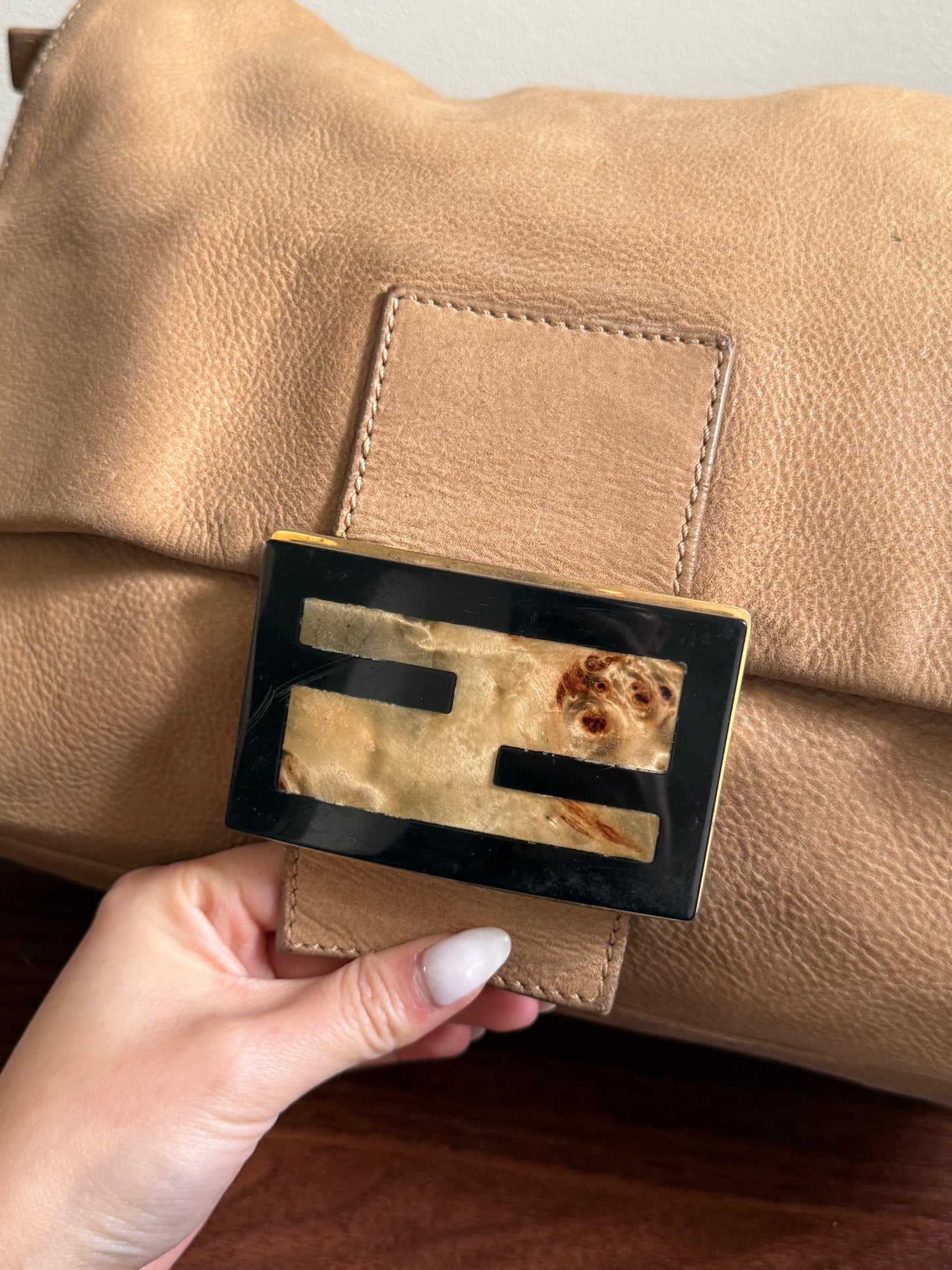 RARE Fendi Jumbo Burl Wood Beige Leather Baguette